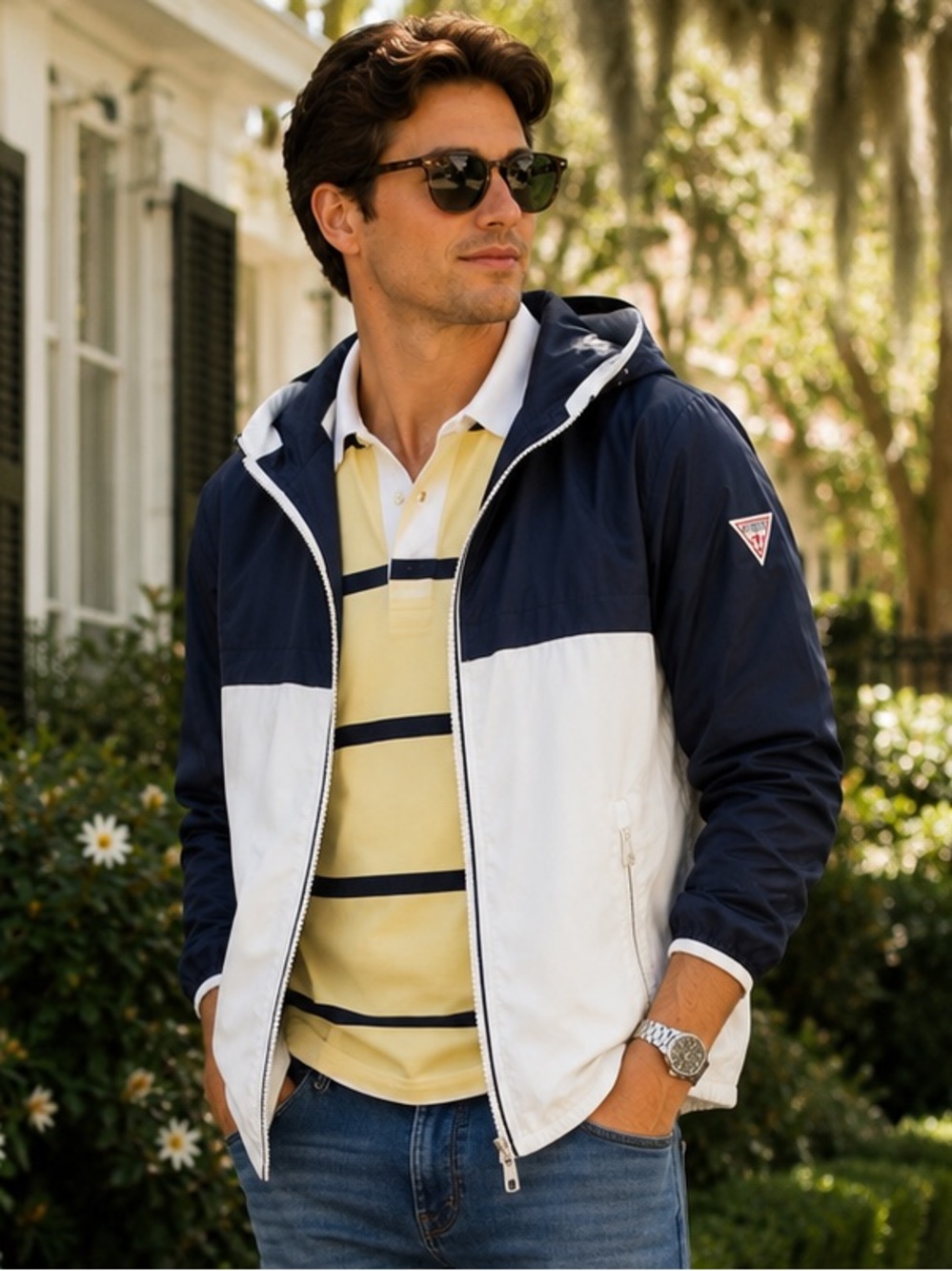 Guess Navy and White Colorblocked Preppy Hooded Windbreaker-00B